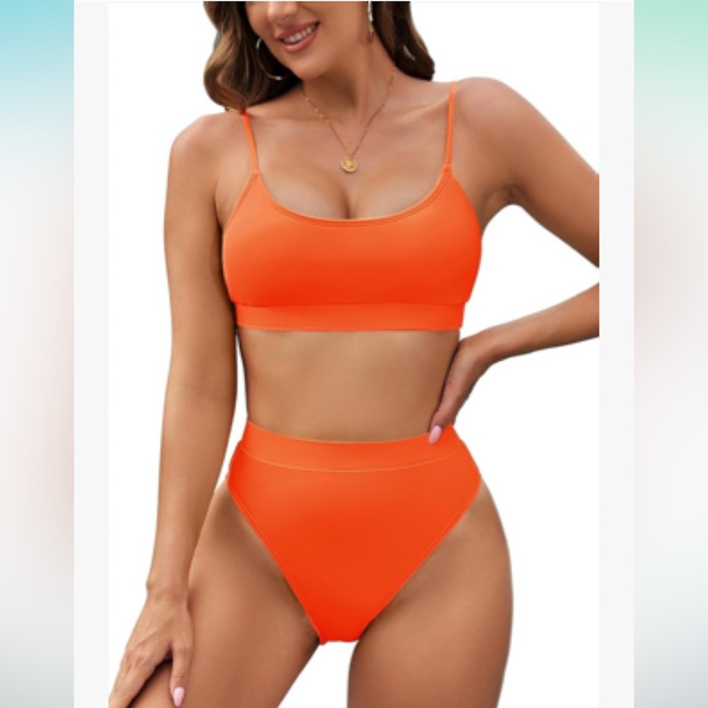 Neon orange high waisted two piece bikini